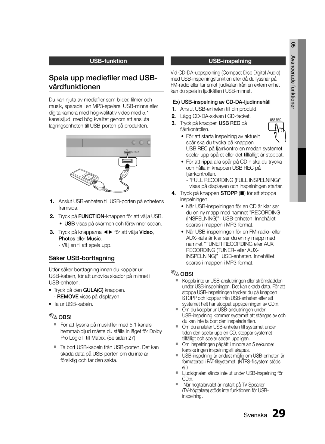 Samsung HT-E330/XE manual Spela upp mediefiler med USB, Värdfunktionen, USB-funktion USB-inspelning, Säker USB-borttagning 