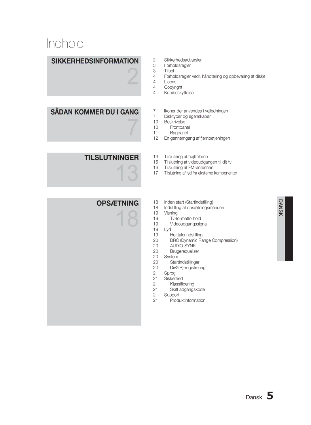 Samsung HT-E330/XE manual Indhold, Audio-Synk 