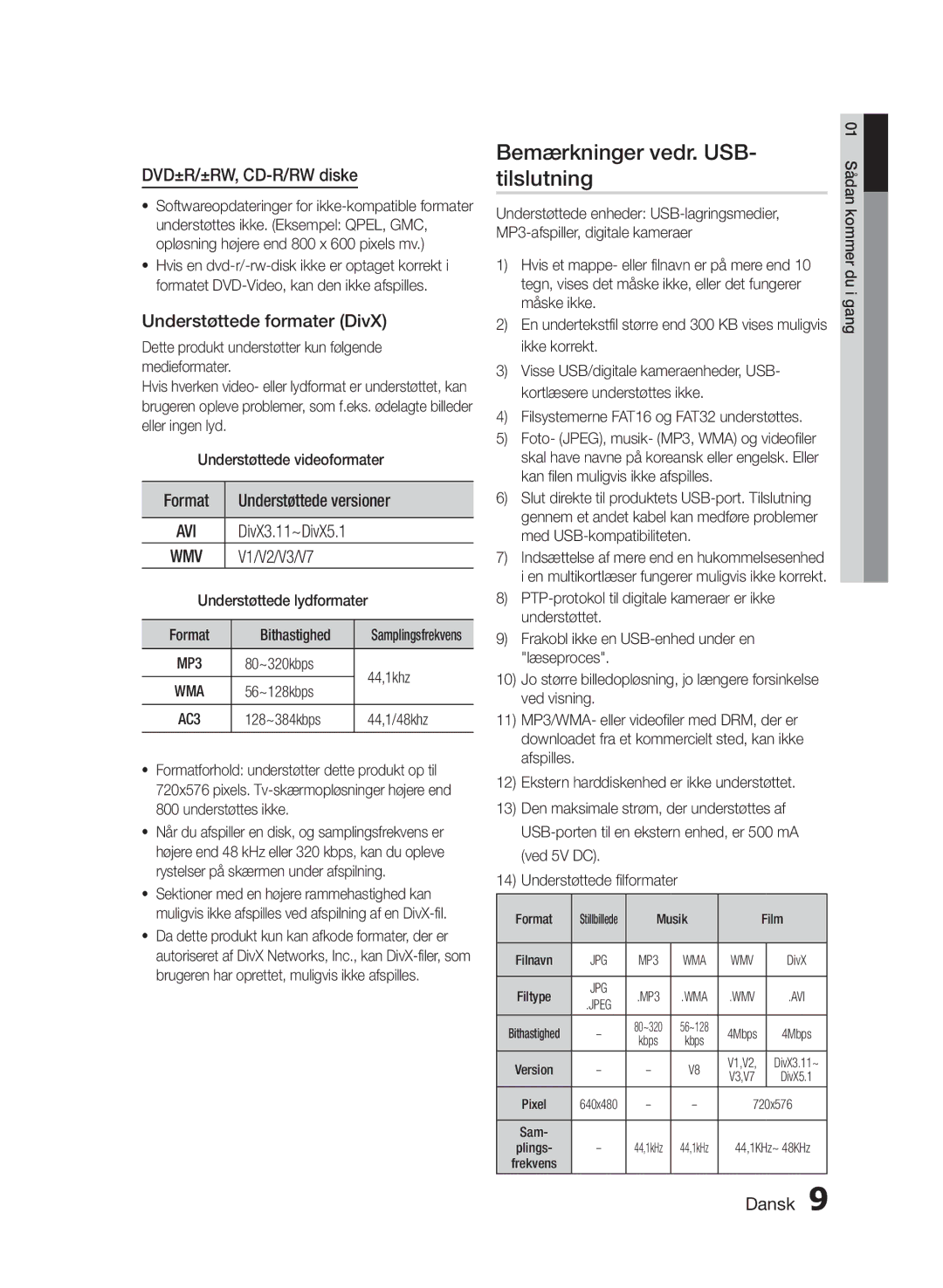 Samsung HT-E330/XE manual Bemærkninger vedr. USB- tilslutning, DVD±R/±RW, CD-R/RW diske, Understøttede formater DivX 