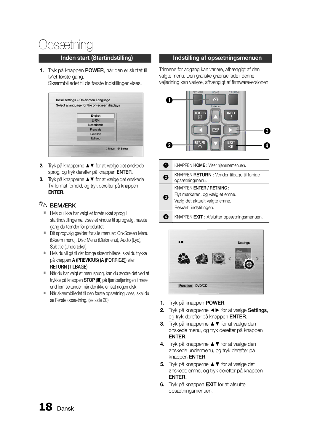 Samsung HT-E330/XE Opsætning, Inden start Startindstilling, Indstilling af opsætningsmenuen, Enter Bemærk, Return Tilbage 