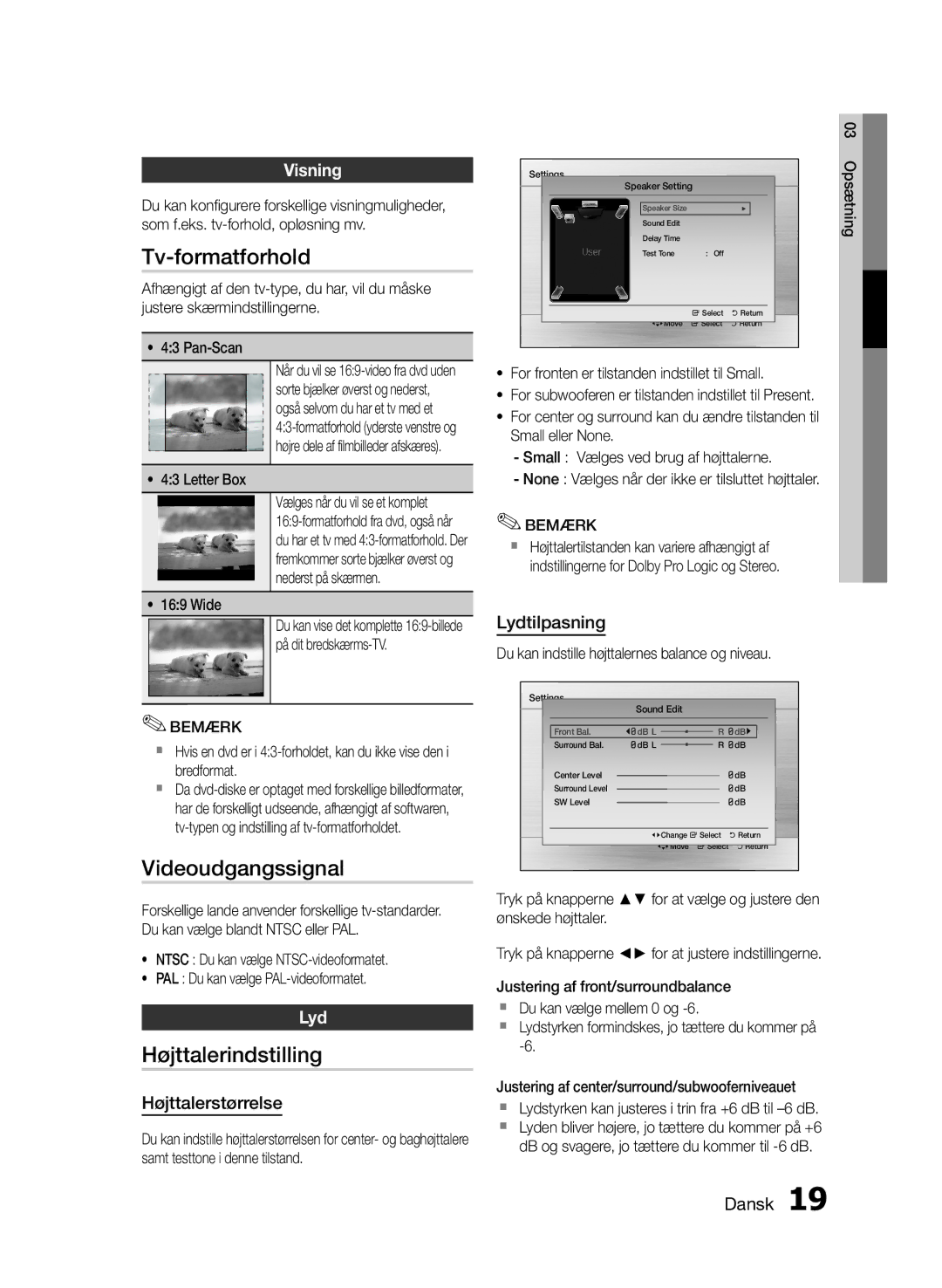 Samsung HT-E330/XE manual Tv-formatforhold, Videoudgangssignal, Højttalerindstilling, Visning, Lyd 