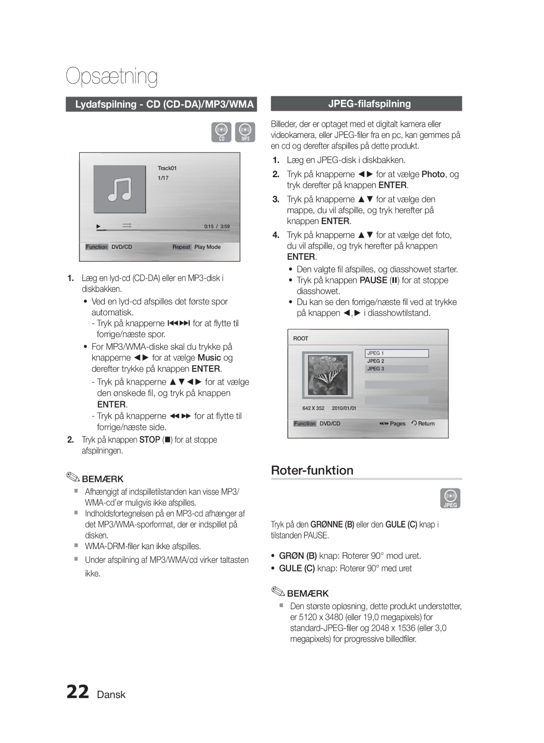 Samsung HT-E330/XE manual Roter-funktion, Lydafspilning CD CD-DA/MP3/WMA, JPEG-filafspilning 