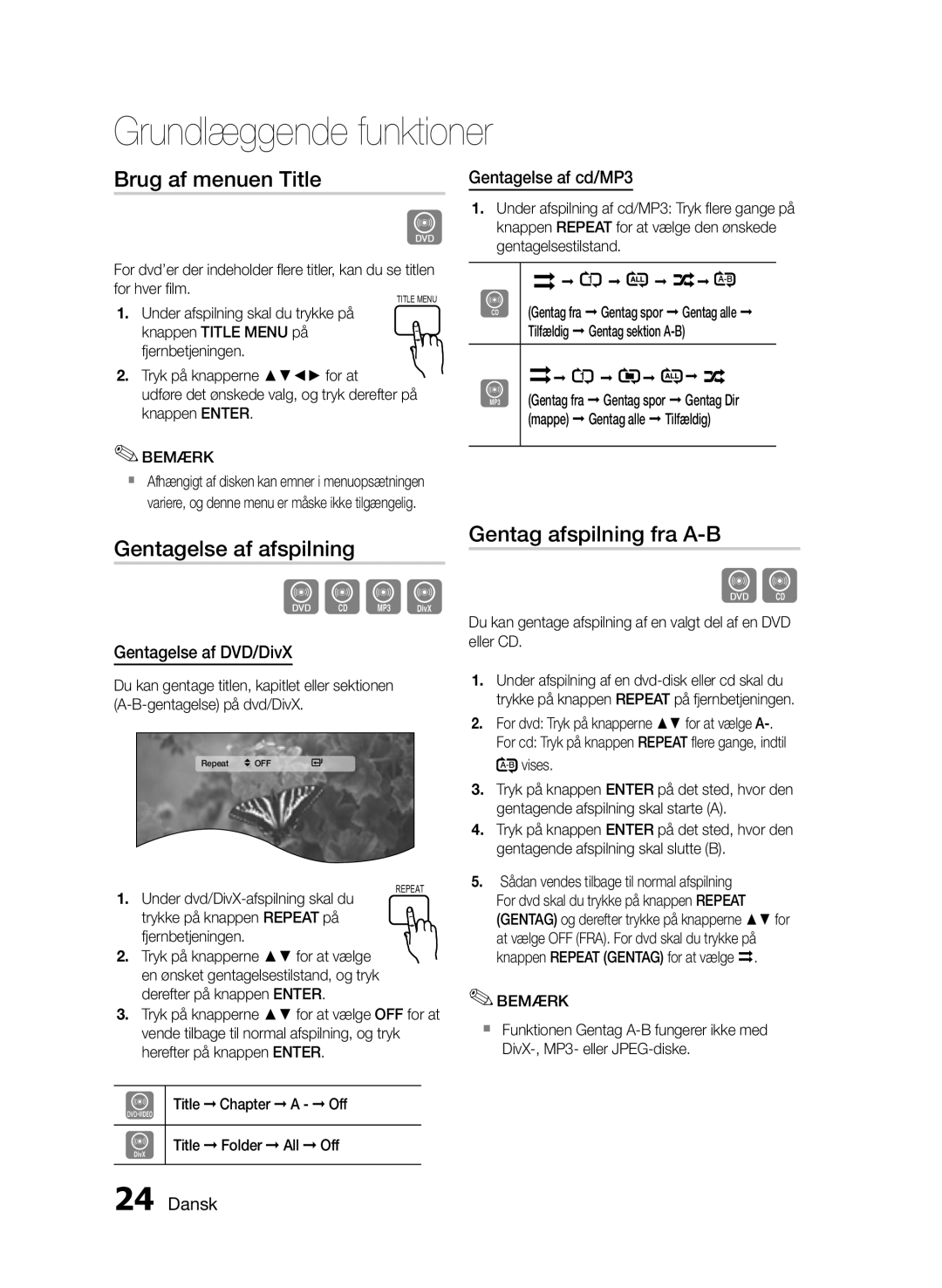 Samsung HT-E330/XE Grundlæggende funktioner, Brug af menuen Title, Gentagelse af afspilning, Gentag afspilning fra A-B 