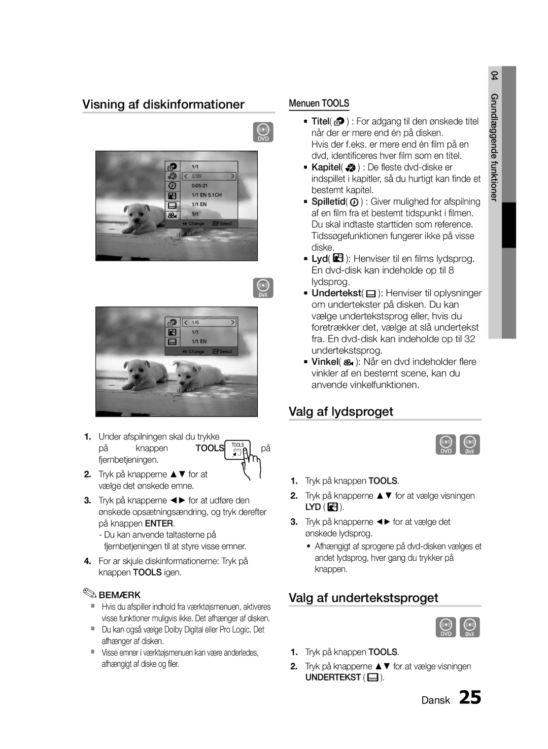 Samsung HT-E330/XE manual Visning af diskinformationer, Valg af lydsproget, Valg af undertekstsproget, Menuen Tools 