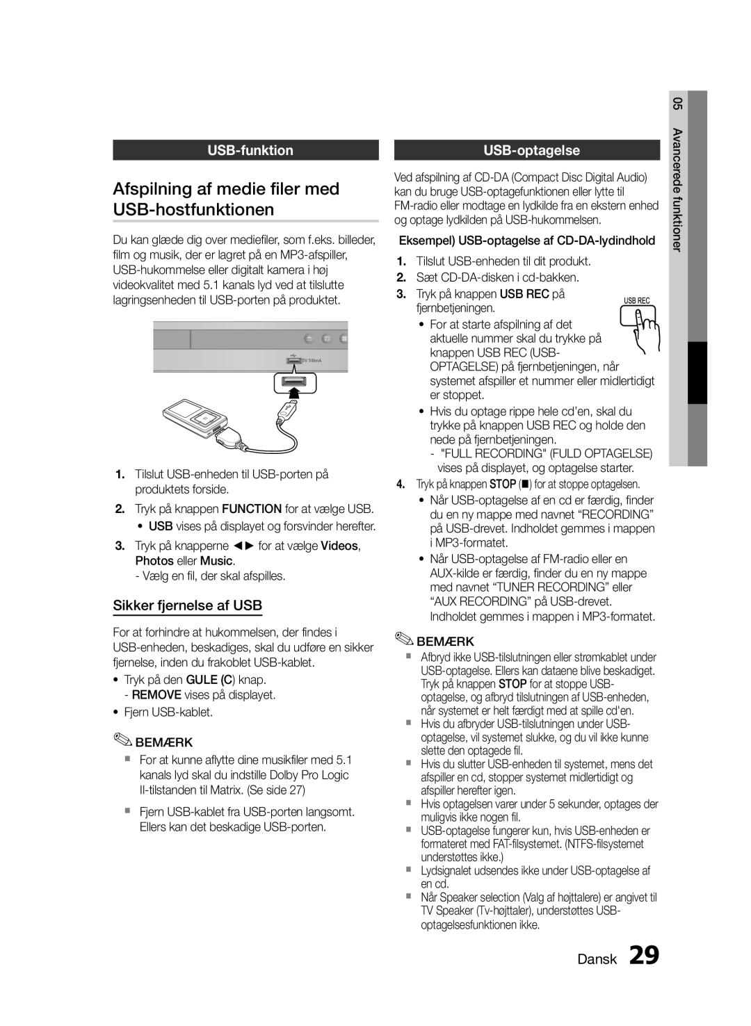 Samsung HT-E330/XE Afspilning af medie filer med, USB-hostfunktionen, USB-funktion USB-optagelse, Sikker fjernelse af USB 