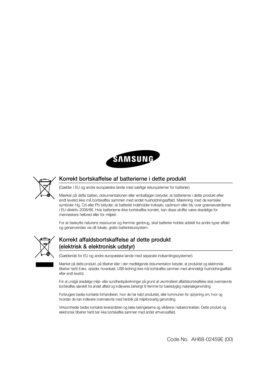 Samsung HT-E330/XE manual Korrekt bortskaffelse af batterierne i dette produkt, Code No. AH68-02459E 