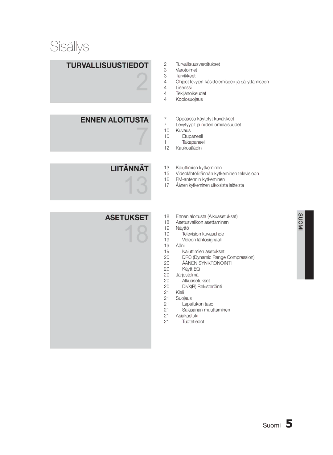 Samsung HT-E330/XE manual Sisällys, Turvallisuustiedot Ennen Aloitusta Liitännät Asetukset 