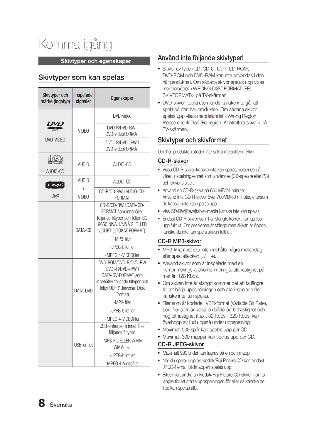 Samsung HT-E330/XE manual Skivtyper som kan spelas, Använd inte följande skivtyper, Skivtyper och skivformat 