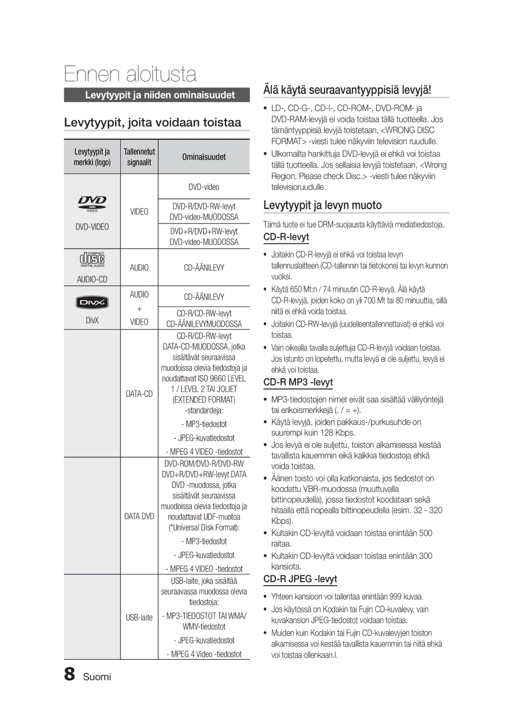 Samsung HT-E330/XE manual Levytyypit, joita voidaan toistaa, Älä käytä seuraavantyyppisiä levyjä, Levytyypit ja levyn muoto 