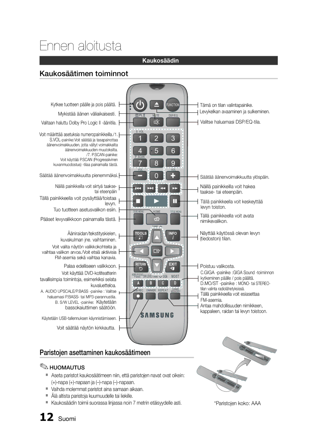 Samsung HT-E330/XE manual Kaukosäätimen toiminnot, Paristojen asettaminen kaukosäätimeen, Kaukosäädin 