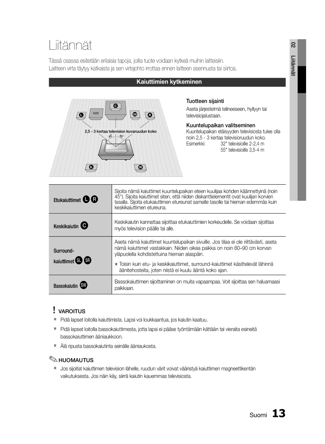 Samsung HT-E330/XE manual Liitännät, Kaiuttimien kytkeminen, Varoitus 