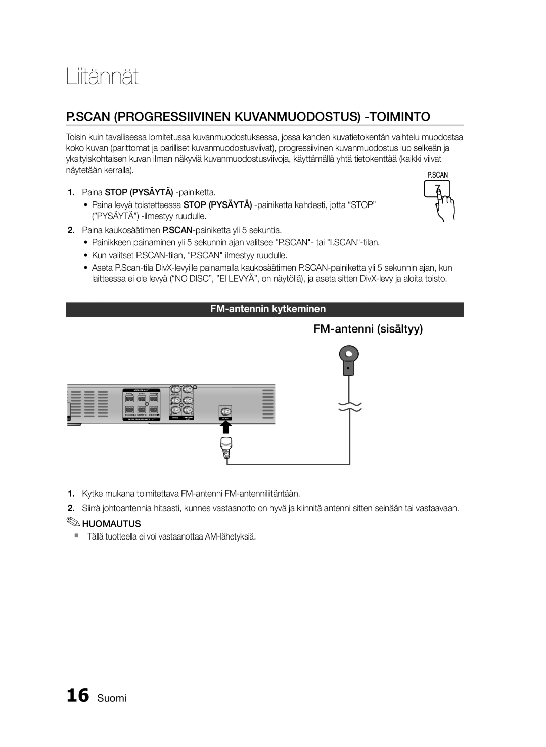 Samsung HT-E330/XE manual Scan Progressiivinen Kuvanmuodostus -TOIMINTO, FM-antenni sisältyy, FM-antennin kytkeminen 