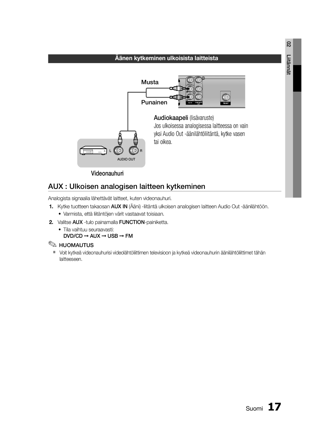 Samsung HT-E330/XE manual AUX Ulkoisen analogisen laitteen kytkeminen, Audiokaapeli lisävaruste, Videonauhuri 