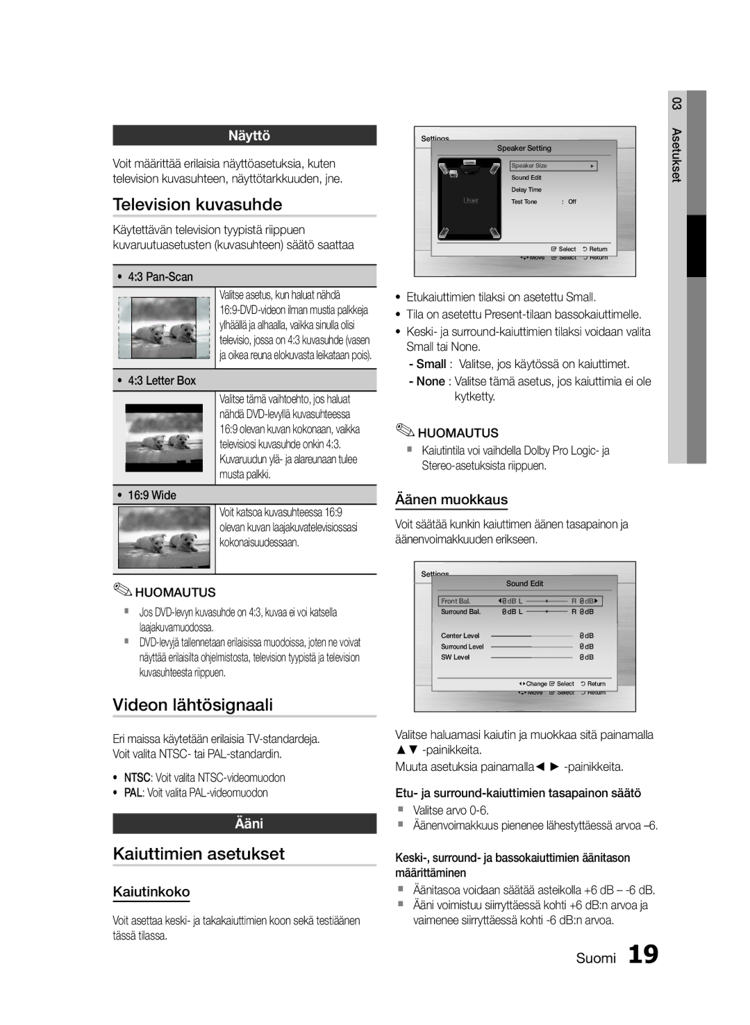 Samsung HT-E330/XE manual Television kuvasuhde, Videon lähtösignaali, Kaiuttimien asetukset, Näyttö, Ääni 