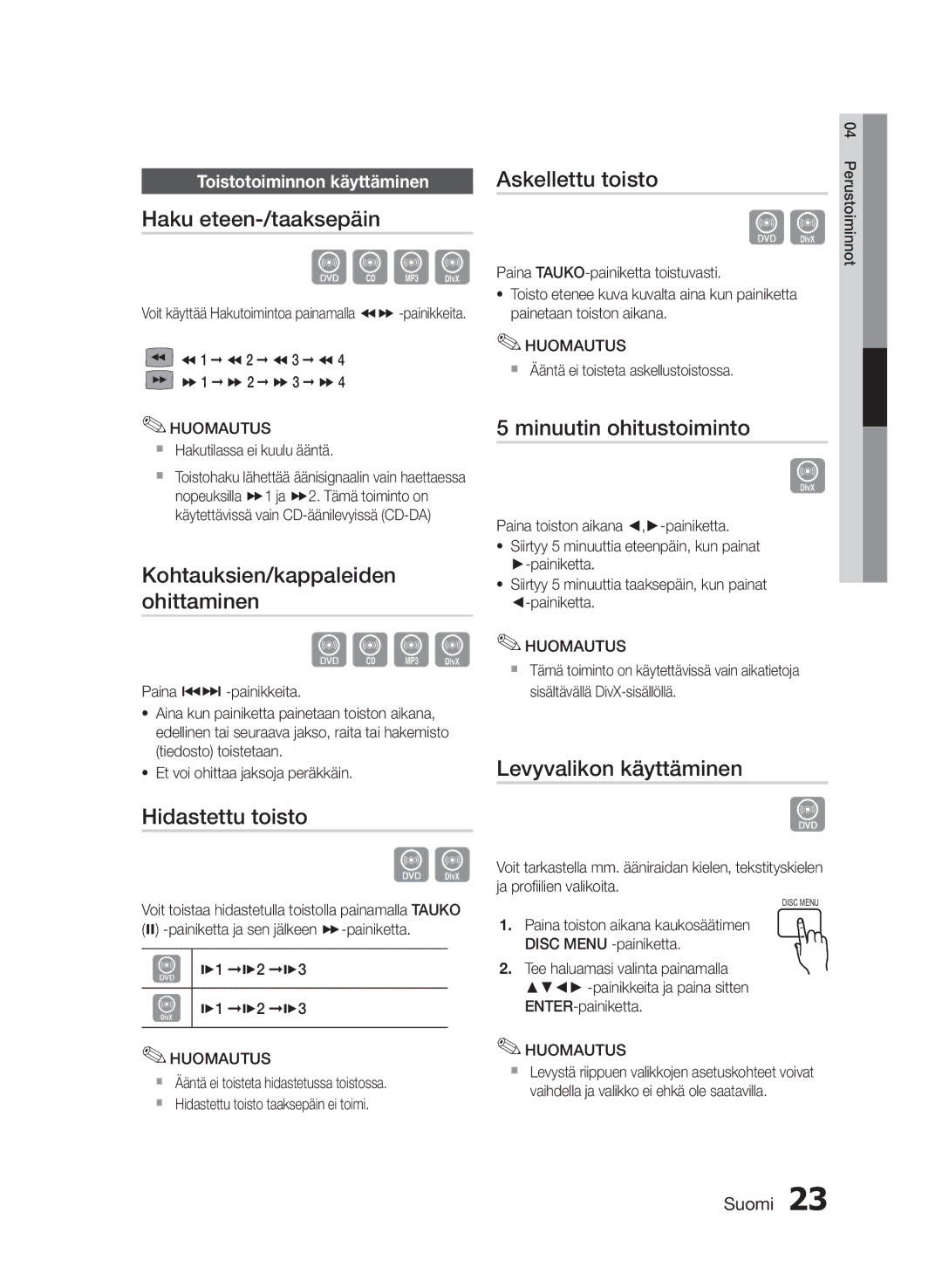 Samsung HT-E330/XE manual Haku eteen-/taaksepäin, Kohtauksien/kappaleiden ohittaminen, Hidastettu toisto, Askellettu toisto 