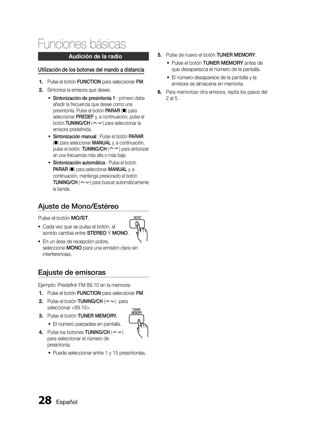 Samsung HT-E330/ZF manual Ajuste de Mono/Estéreo, Eajuste de emisoras, Audición de la radio 