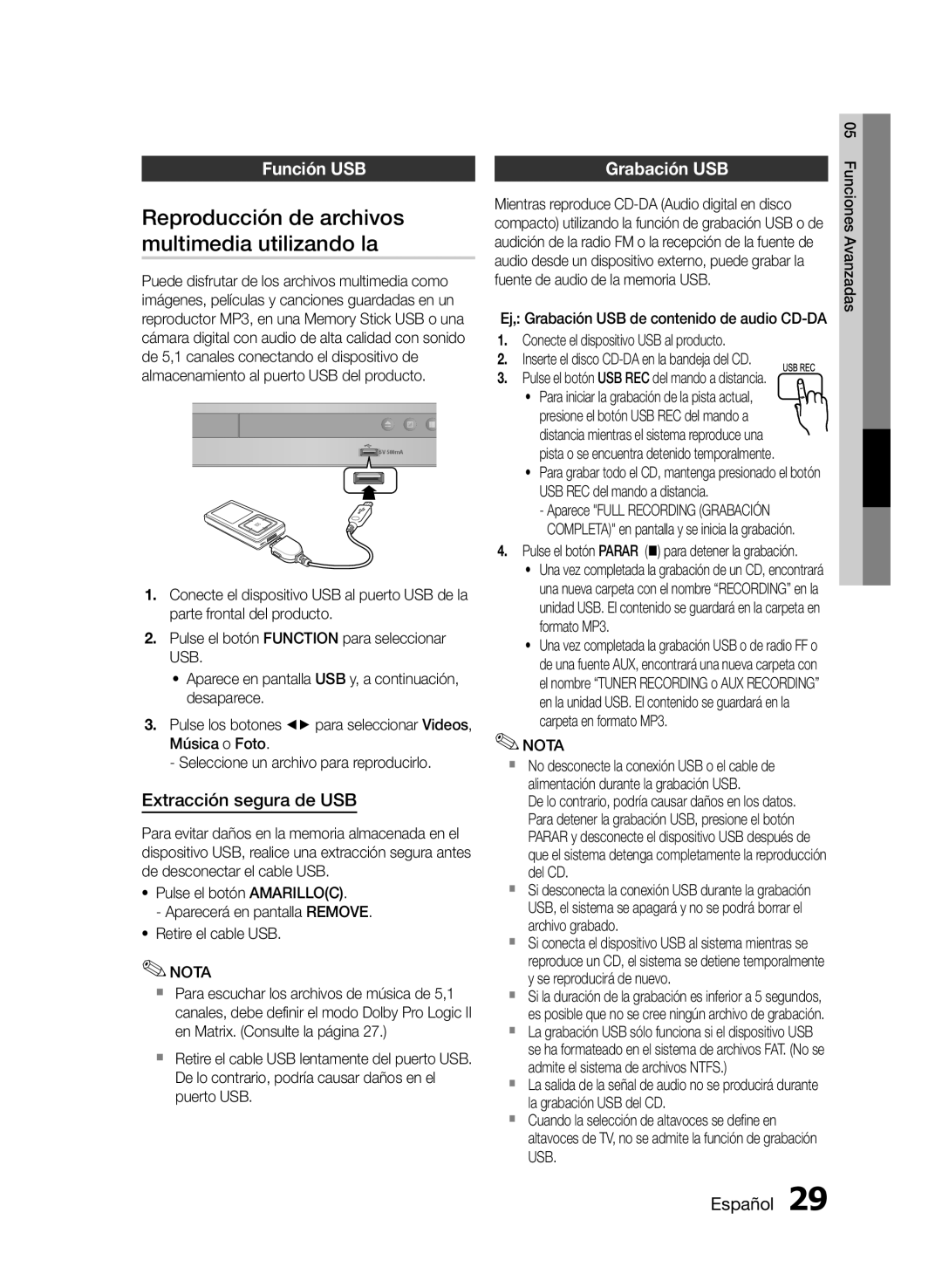 Samsung HT-E330/ZF Reproducción de archivos, Multimedia utilizando la, Función USB Grabación USB, Extracción segura de USB 