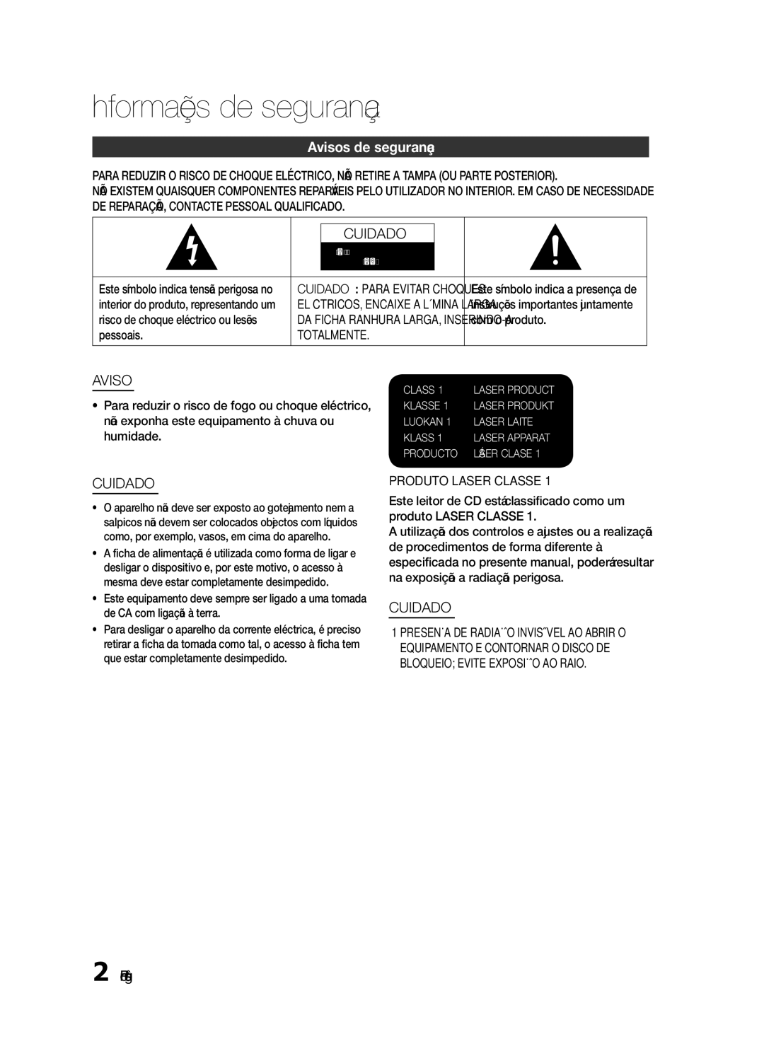 Samsung HT-E330/ZF manual Informações de segurança, Avisos de segurança, Português, Totalmente, Produto Laser Classe 