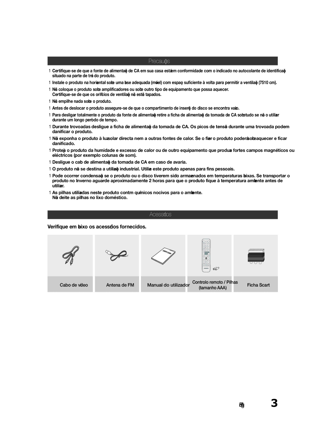 Samsung HT-E330/ZF manual Precauções, Acessórios, Verifique em baixo os acessórios fornecidos 