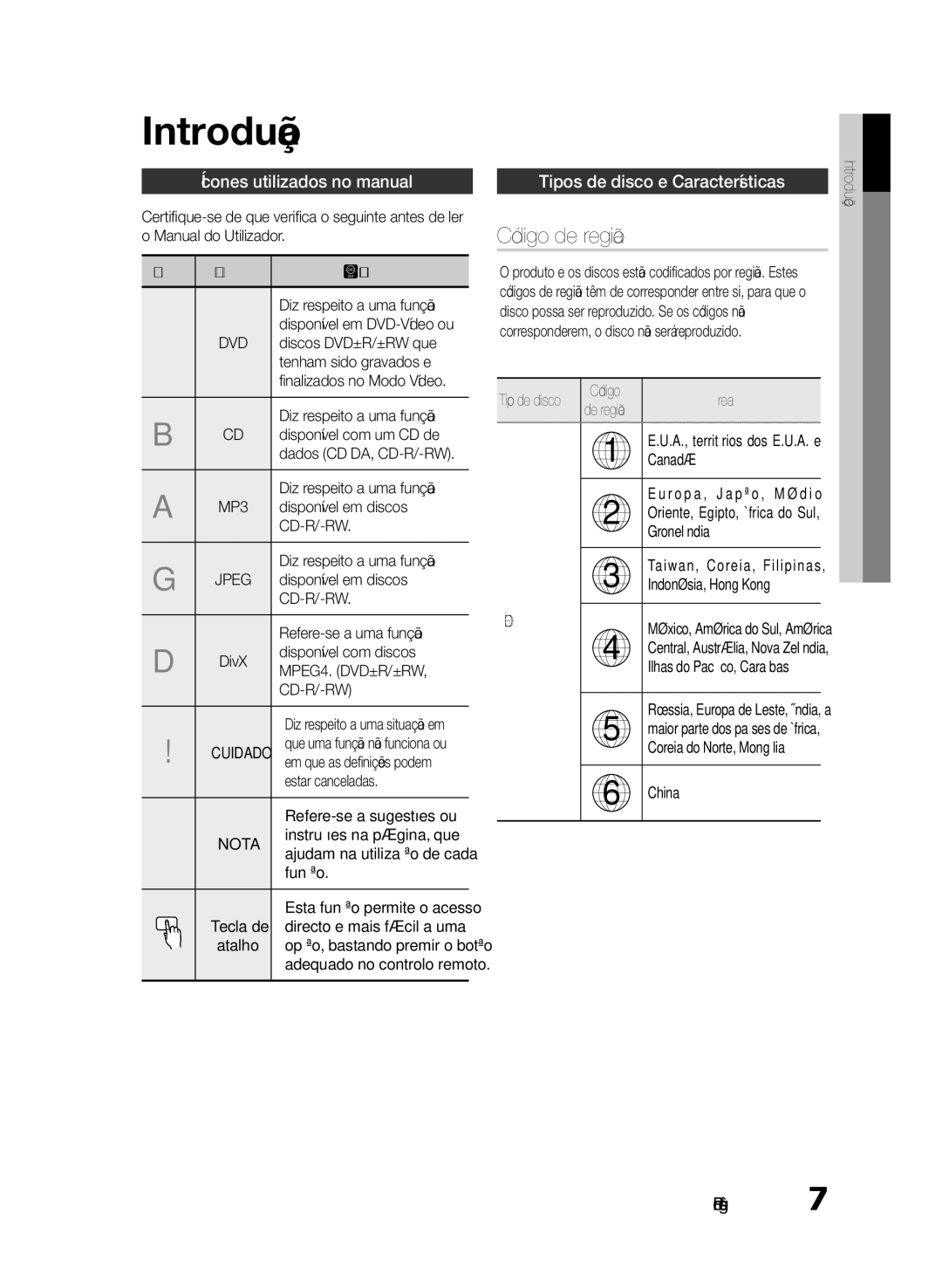 Samsung HT-E330/ZF Introdução, Código de região, Ícones utilizados no manual, Tipos de disco e Características 