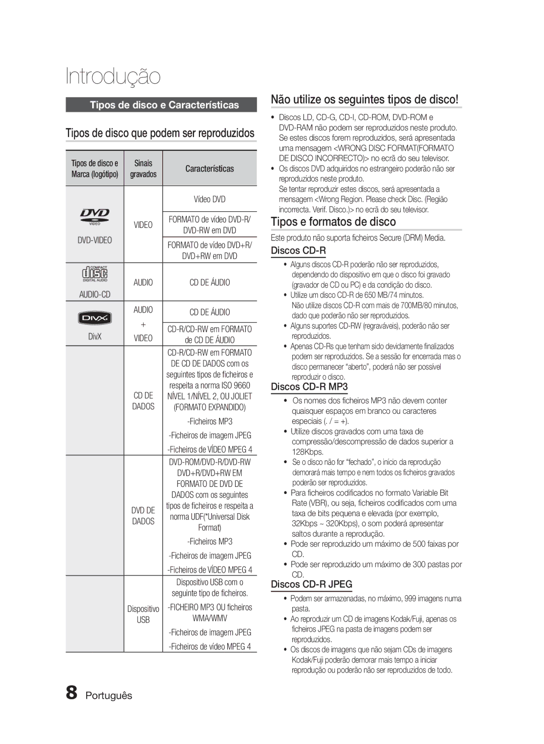 Samsung HT-E330/ZF Não utilize os seguintes tipos de disco, Tipos e formatos de disco, Discos CD-R MP3, Discos CD-R Jpeg 