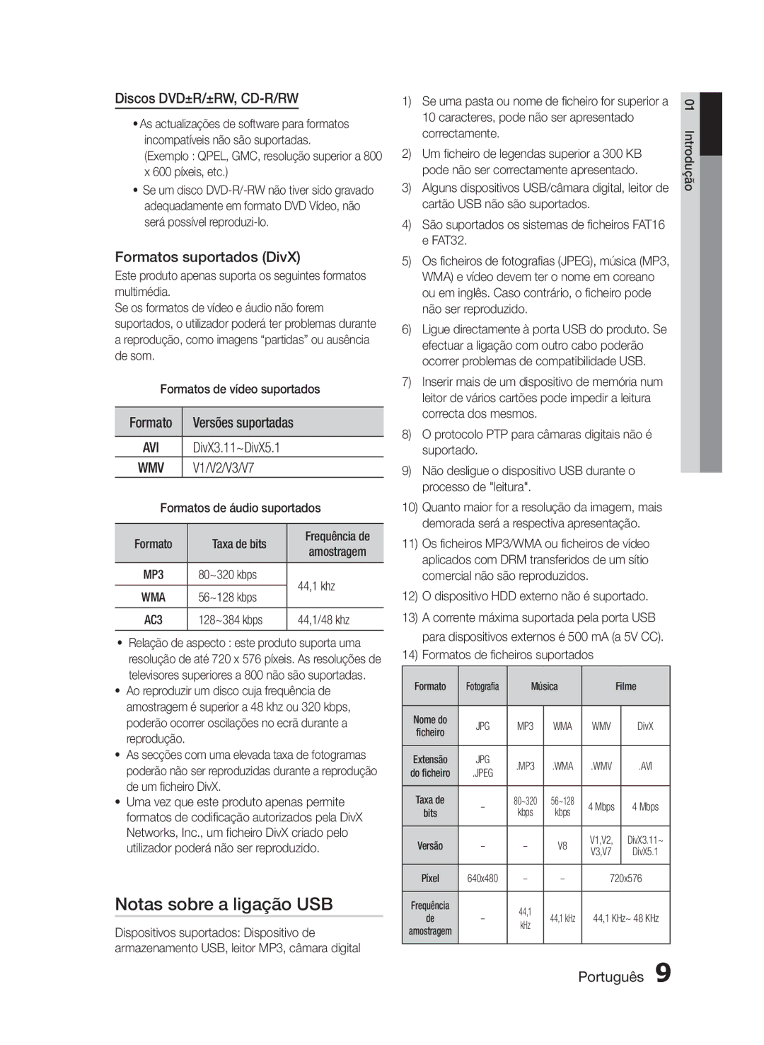 Samsung HT-E330/ZF manual Notas sobre a ligação USB, Formatos suportados DivX 