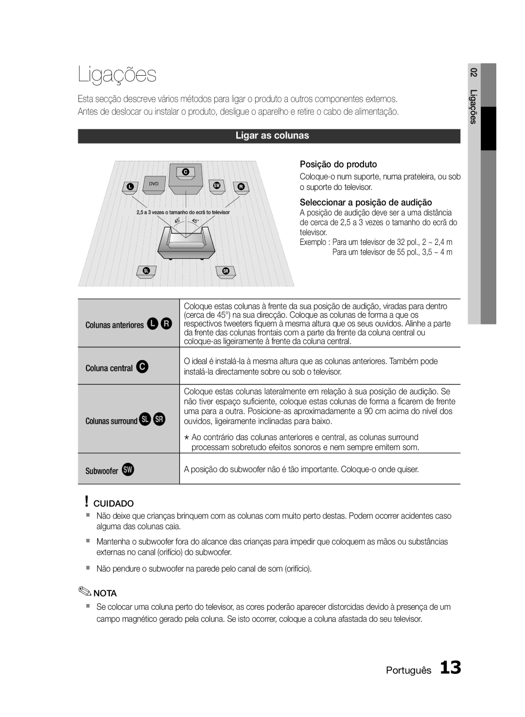 Samsung HT-E330/ZF manual Ligações, Ligar as colunas, Cuidado 