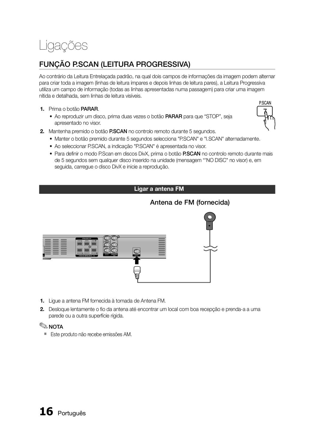 Samsung HT-E330/ZF manual Função P.SCAN Leitura Progressiva, Antena de FM fornecida, Ligar a antena FM 