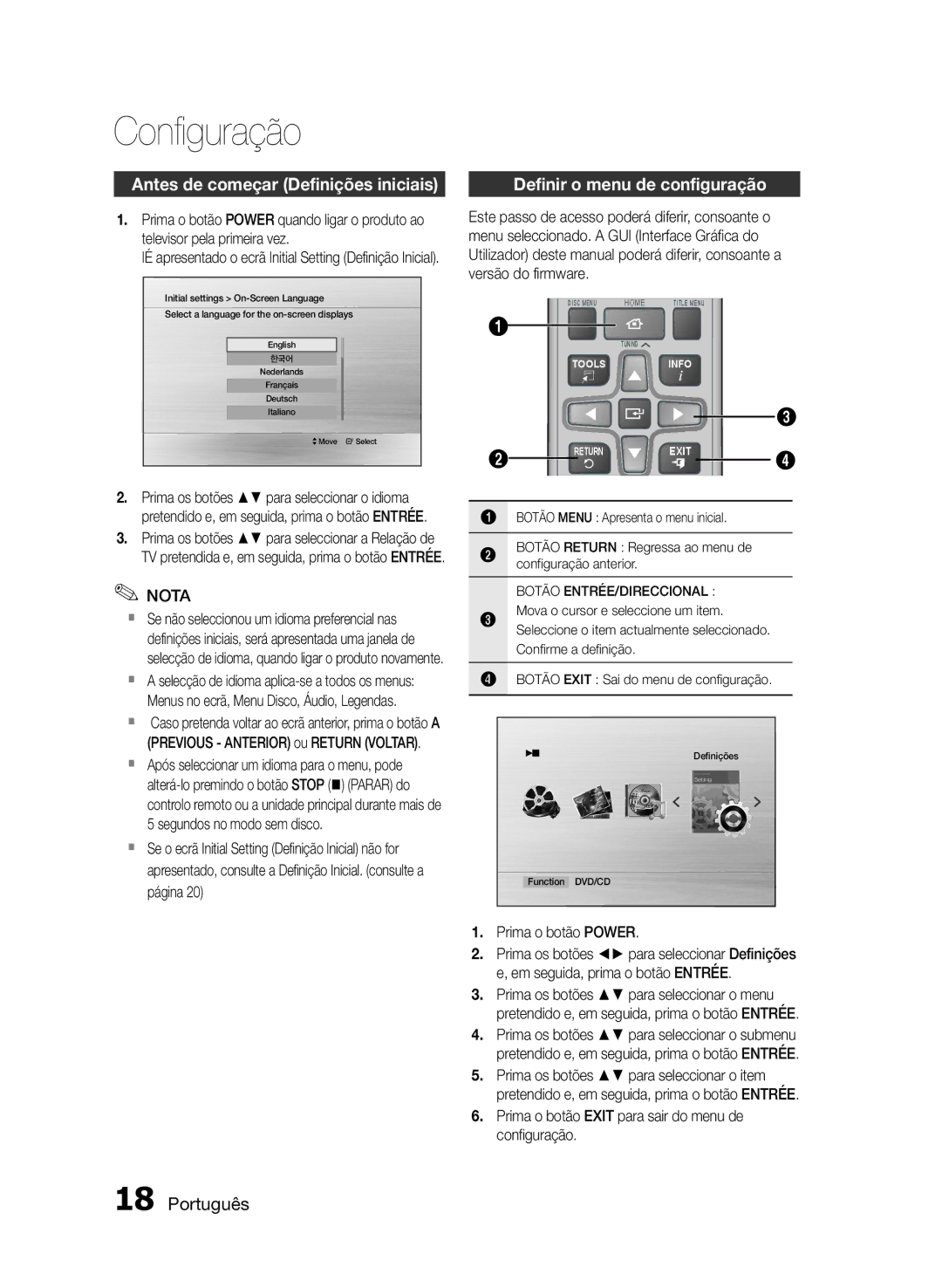 Samsung HT-E330/ZF Configuração, Antes de começar Definições iniciais, Definir o menu de configuração, Prima o botão Power 