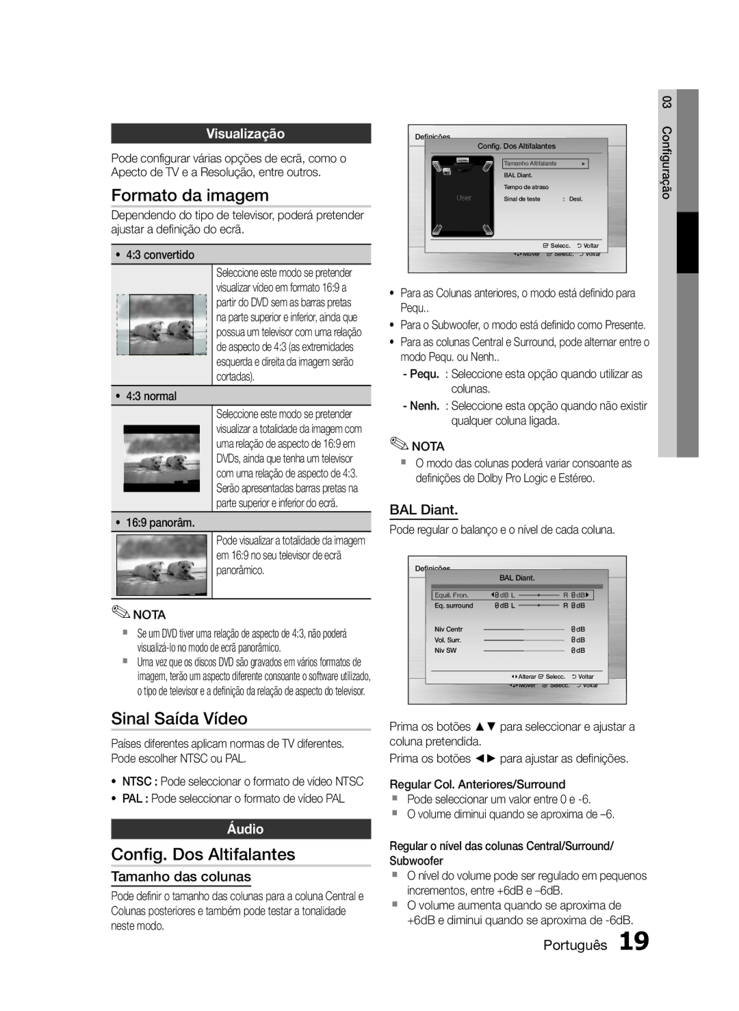 Samsung HT-E330/ZF manual Formato da imagem, Sinal Saída Vídeo, Config. Dos Altifalantes, Visualização, Áudio 