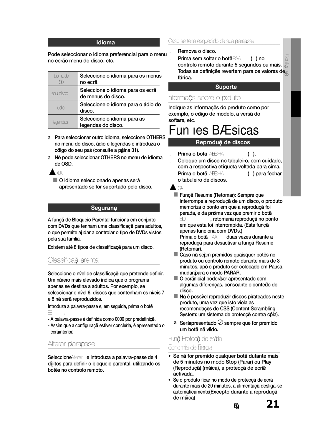 Samsung HT-E330/ZF manual Funções Básicas, Classificação parental, Alterar palavra-passe, Informações sobre o produto 