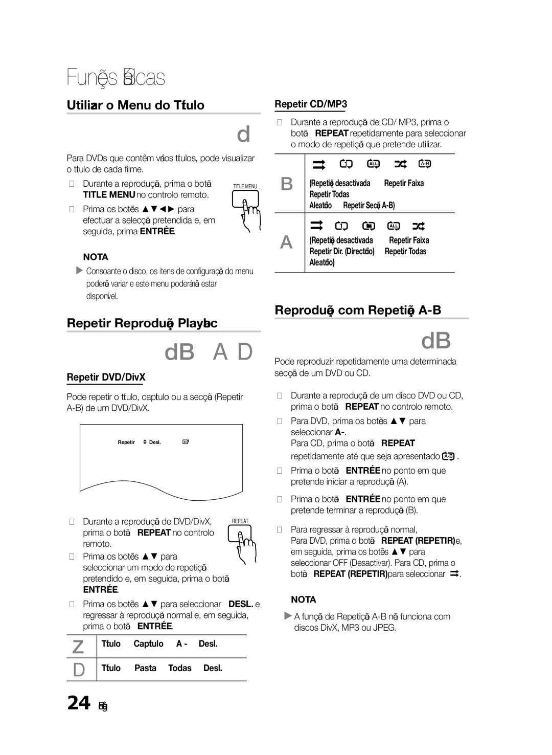 Samsung HT-E330/ZF Utilizar o Menu do Título, Repetir Reprodução Playback, Reprodução com Repetição A-B, Repetir CD/MP3 