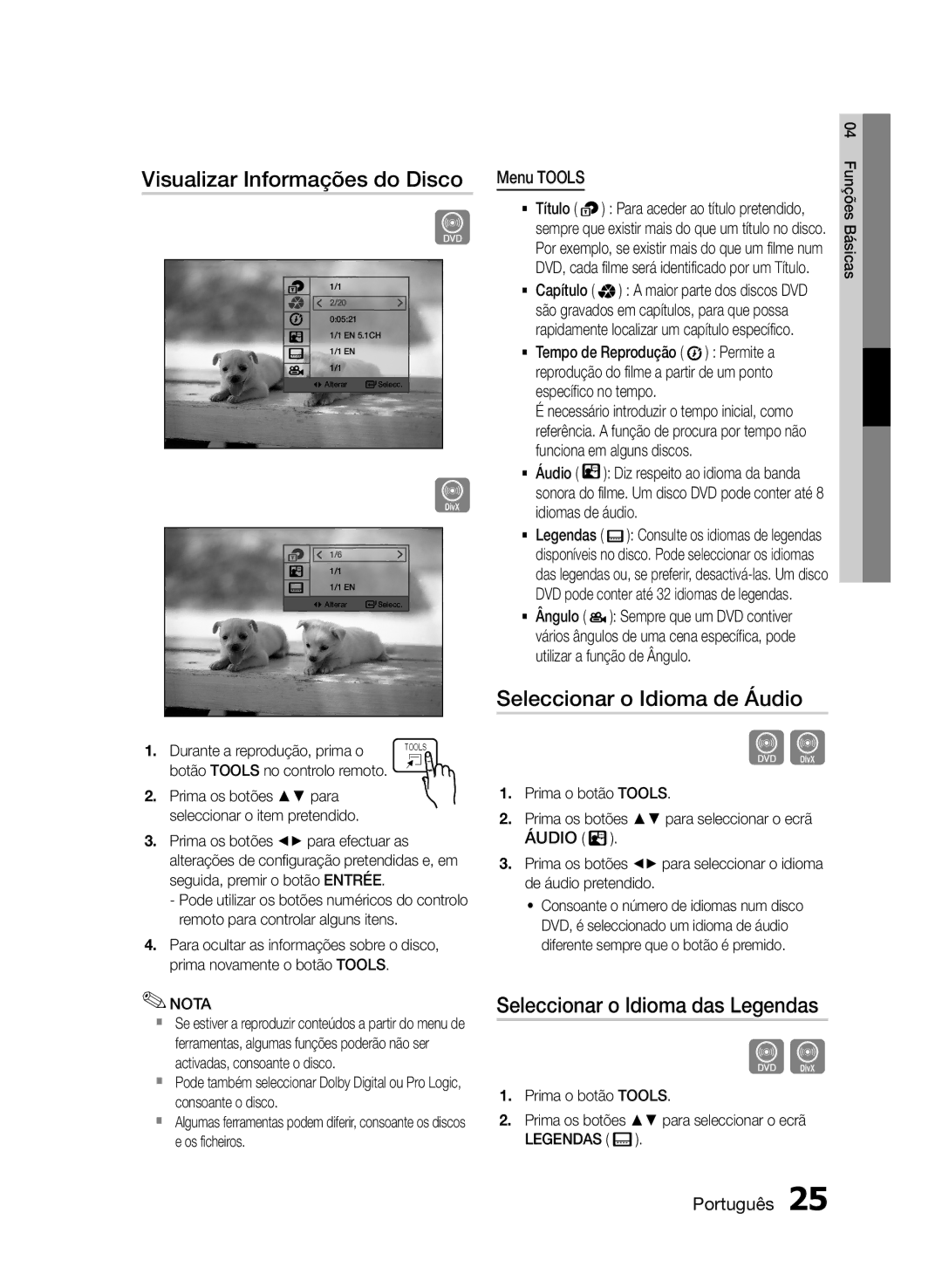 Samsung HT-E330/ZF manual Visualizar Informações do Disco, Seleccionar o Idioma de Áudio, Seleccionar o Idioma das Legendas 