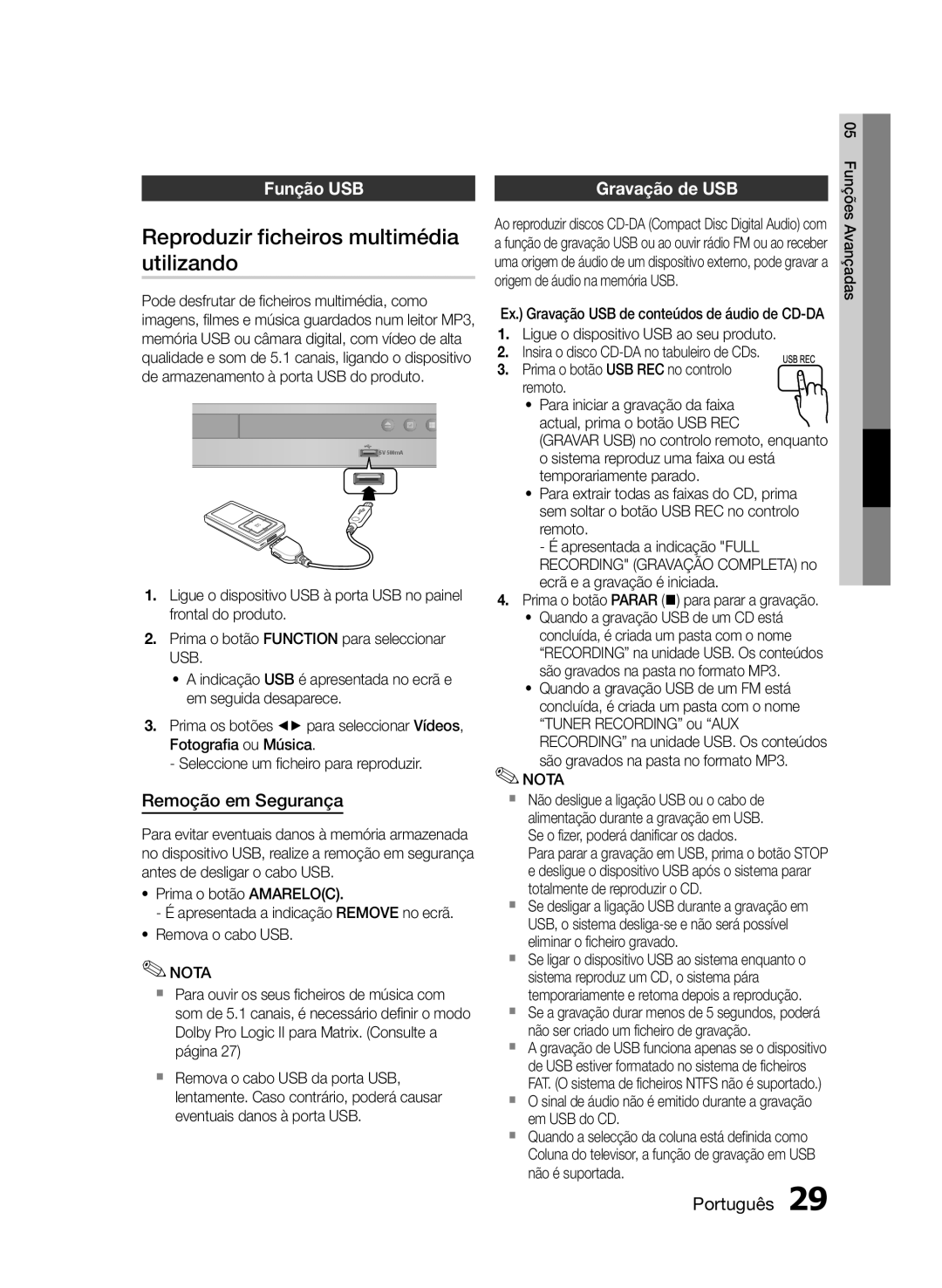 Samsung HT-E330/ZF manual Reproduzir ficheiros multimédia, Utilizando, Função USB Gravação de USB, Remoção em Segurança 