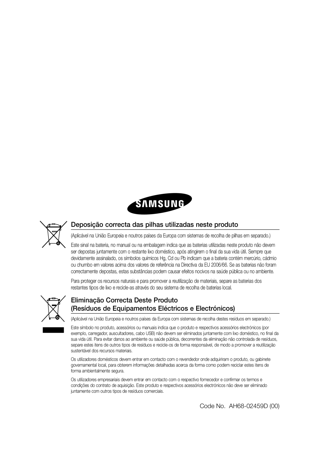 Samsung HT-E330/ZF manual Deposição correcta das pilhas utilizadas neste produto, Code No. AH68-02459D 