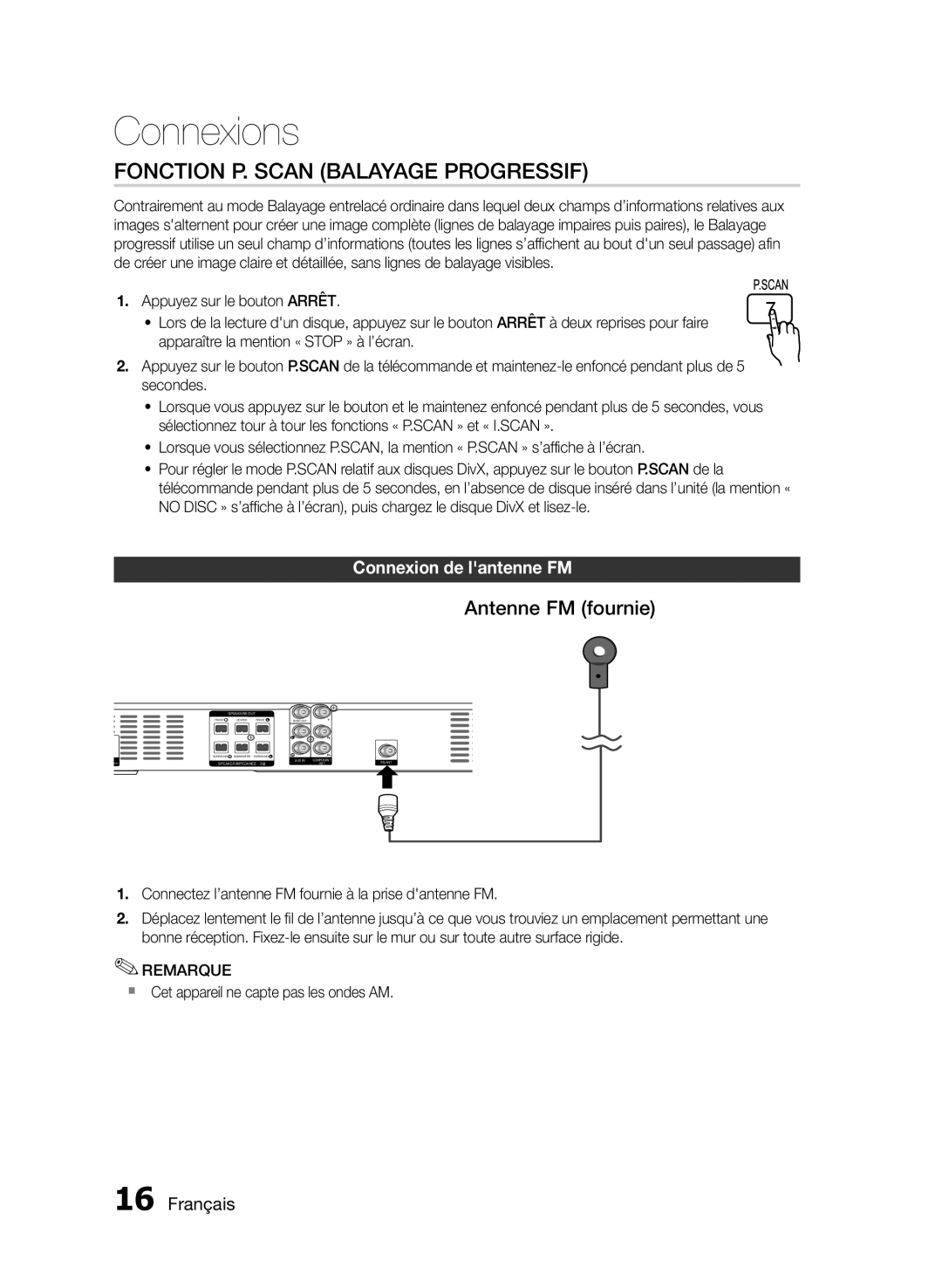 Samsung HT-E330/ZF manual Fonction P. Scan Balayage Progressif, Antenne FM fournie, Connexion de lantenne FM 