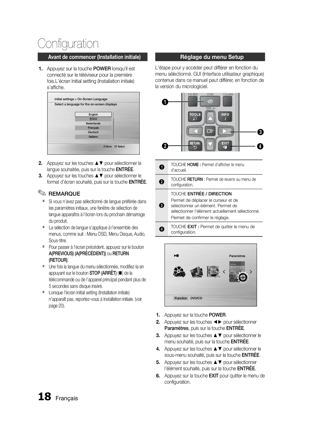 Samsung HT-E330/ZF manual Configuration, Réglage du menu Setup, Appuyez sur la touche Power 