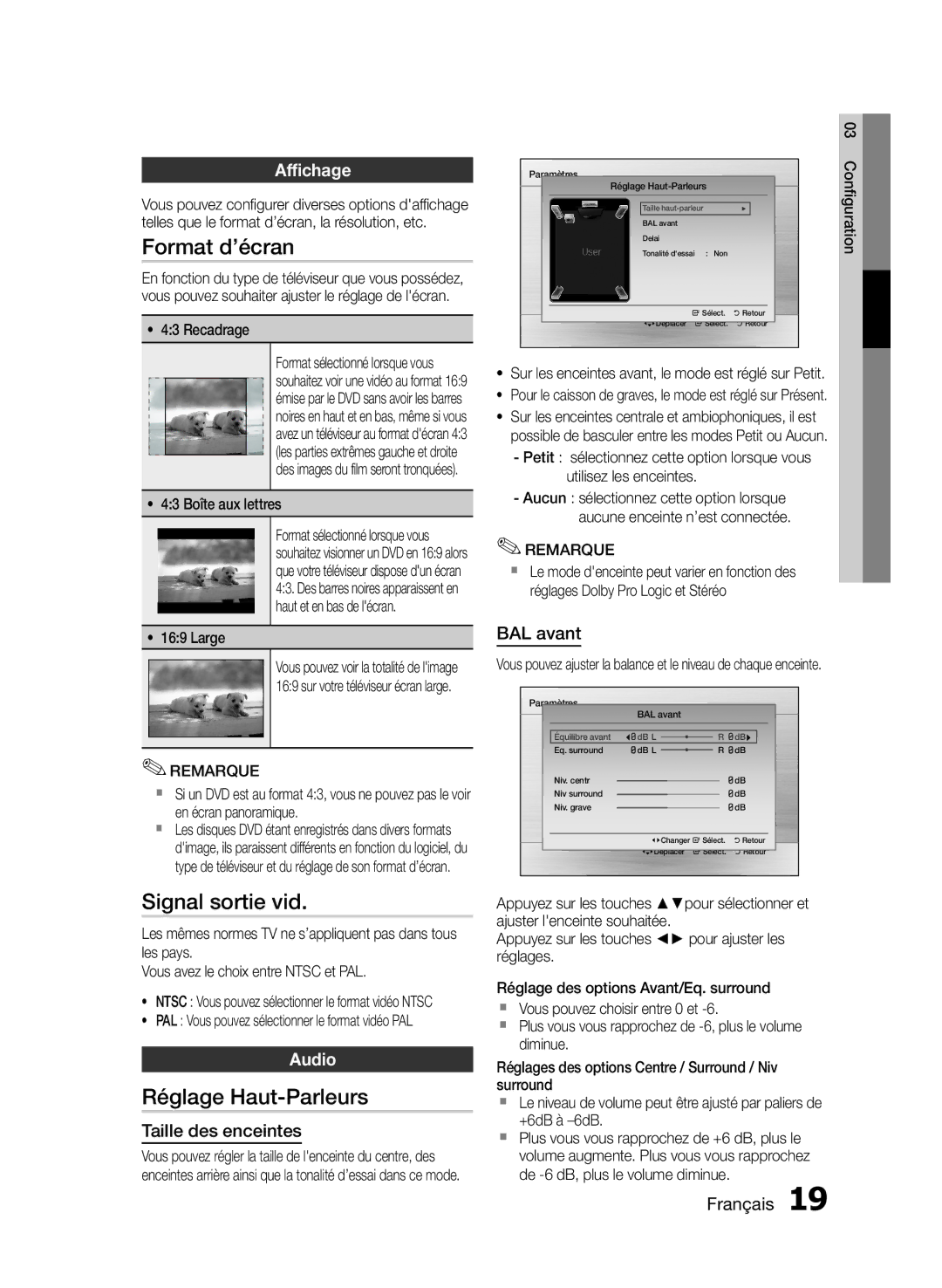 Samsung HT-E330/ZF manual Format d’écran, Signal sortie vid, Réglage Haut-Parleurs, Affichage, Audio 