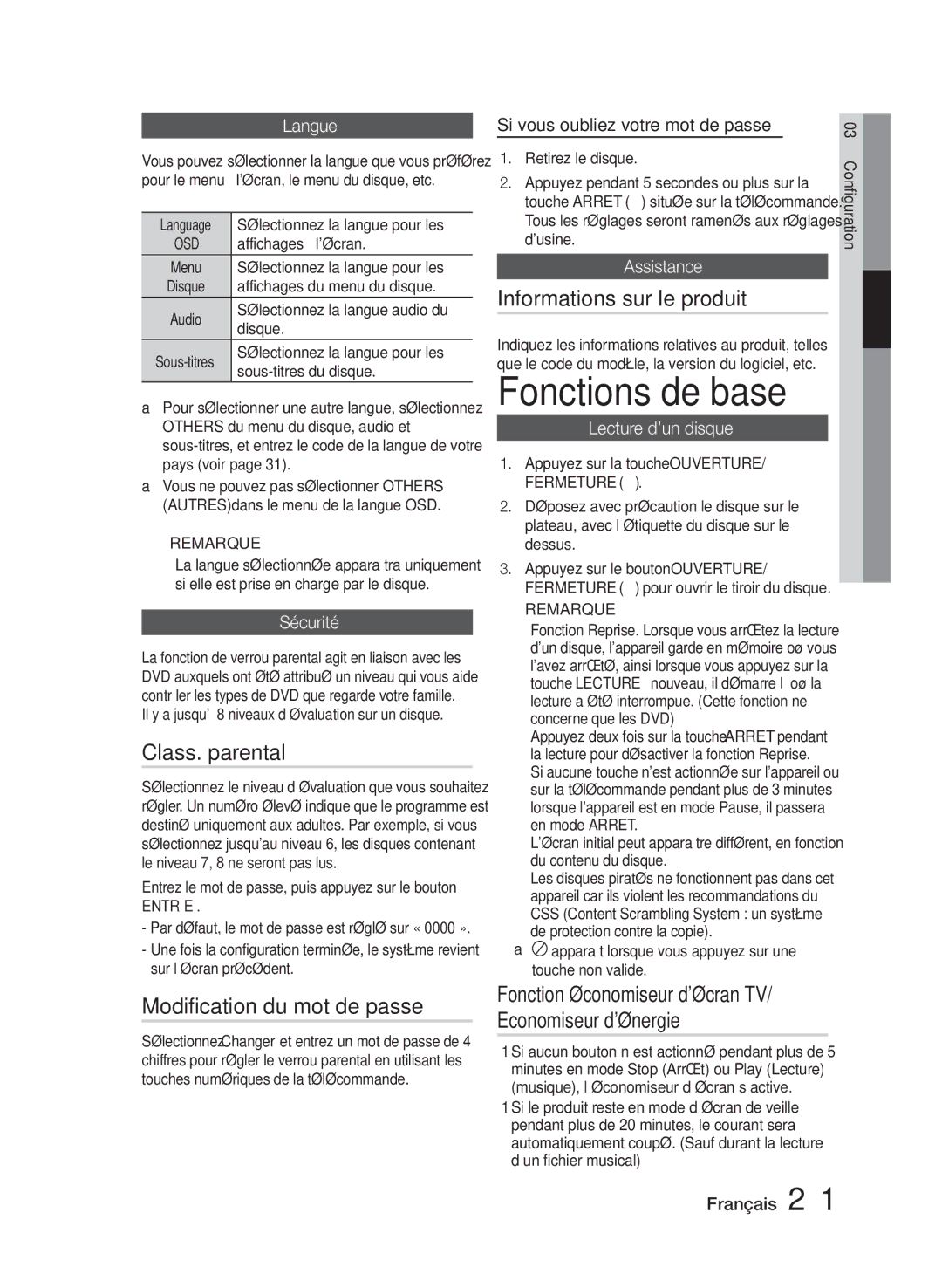 Samsung HT-E330/ZF manual Fonctions de base, Class. parental, Modification du mot de passe, Informations sur le produit 