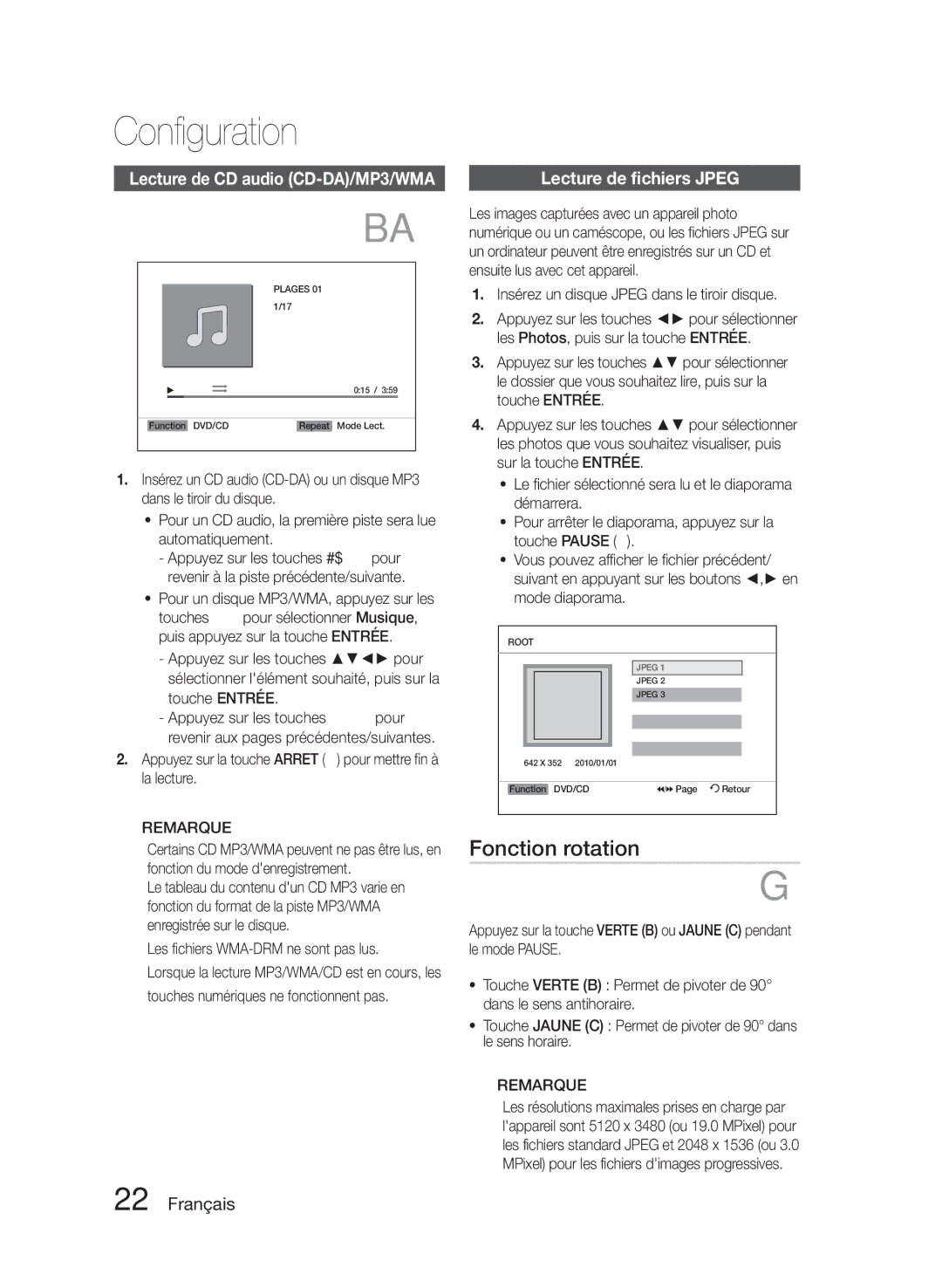 Samsung HT-E330/ZF manual Fonction rotation, Lecture de CD audio CD-DA/MP3/WMA, Lecture de fichiers Jpeg 