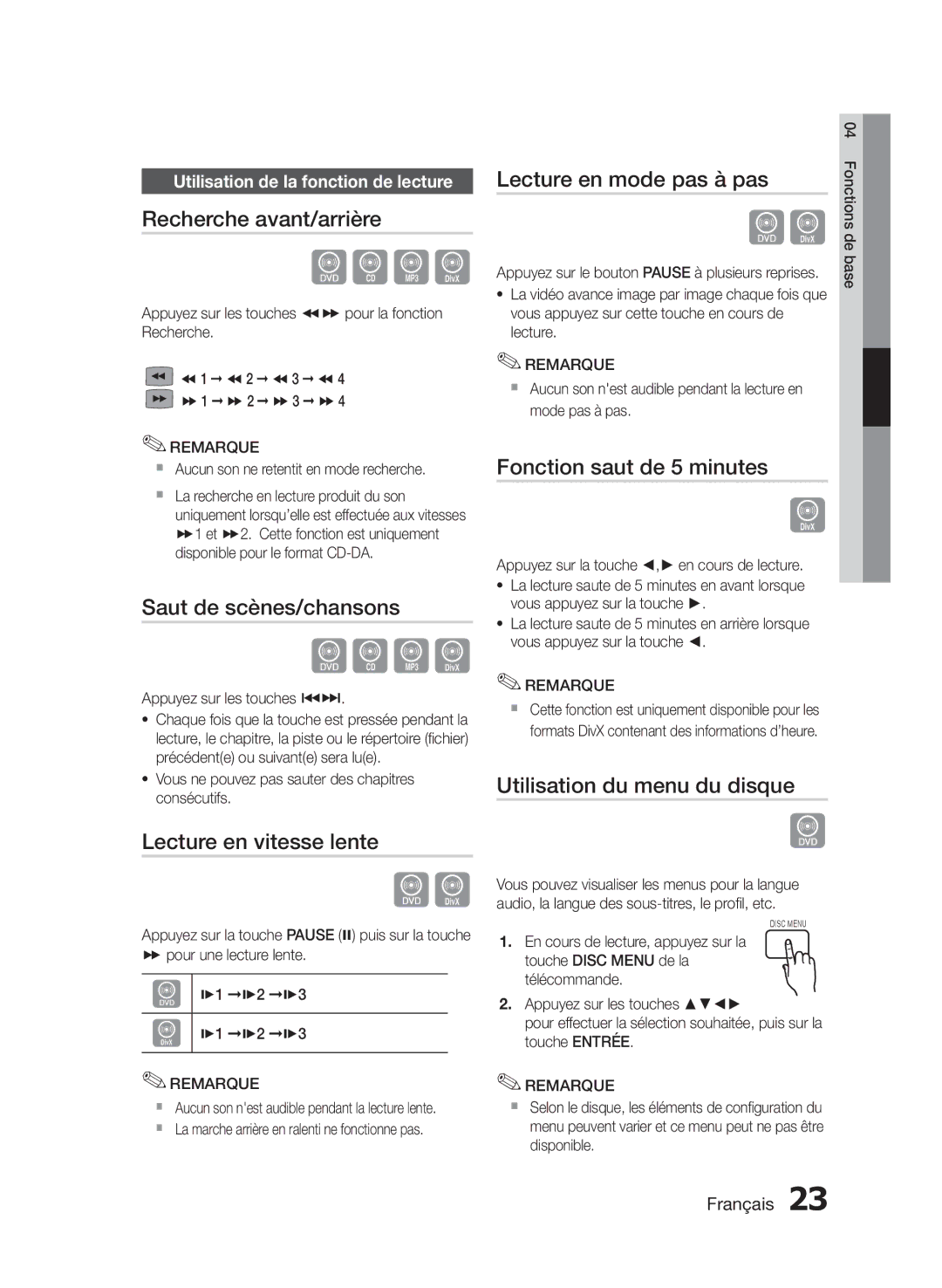 Samsung HT-E330/ZF Recherche avant/arrière, Saut de scènes/chansons, Lecture en vitesse lente, Lecture en mode pas à pas 