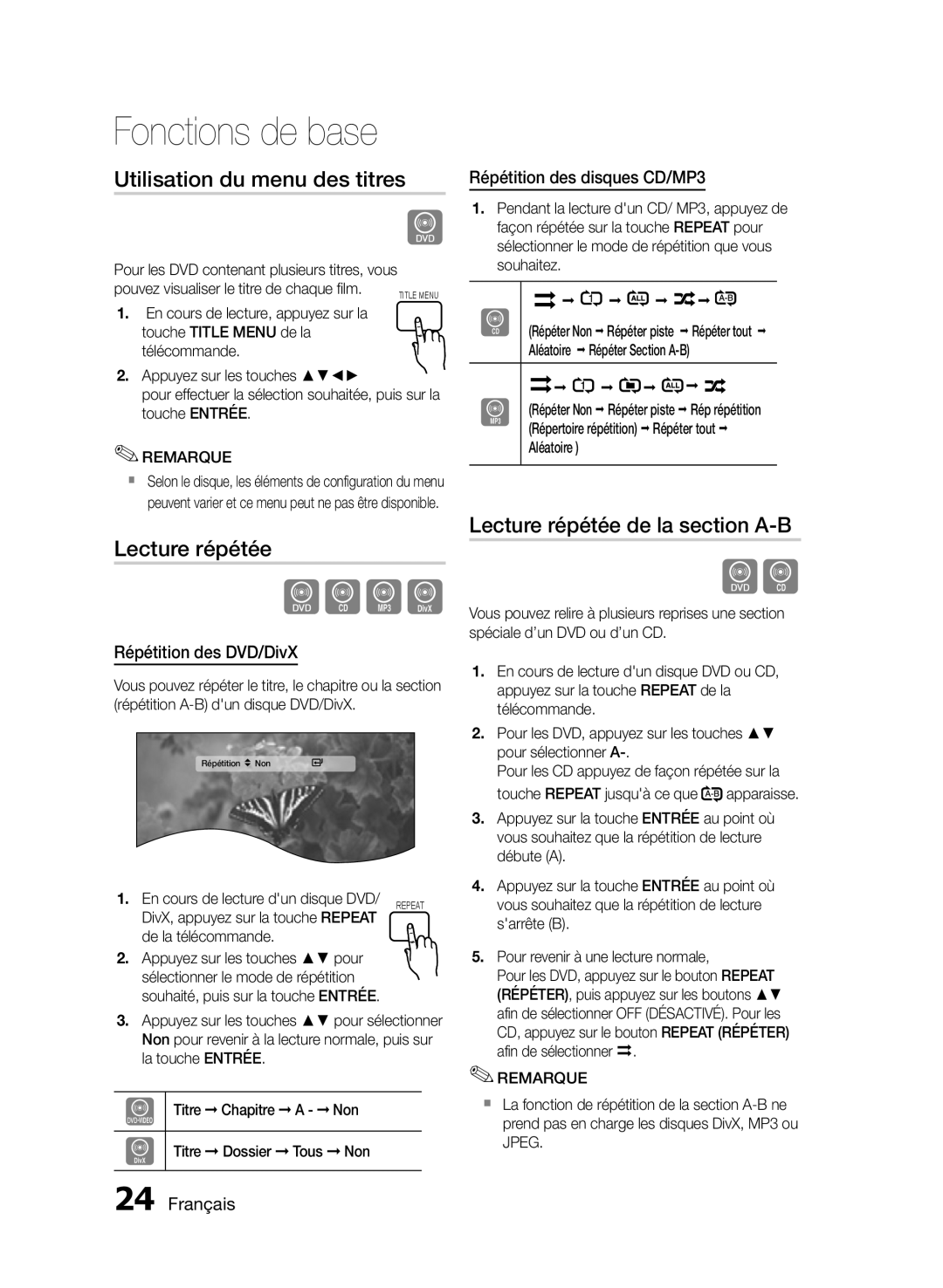 Samsung HT-E330/ZF manual Utilisation du menu des titres, Lecture répétée de la section A-B, Répétition des DVD/DivX 