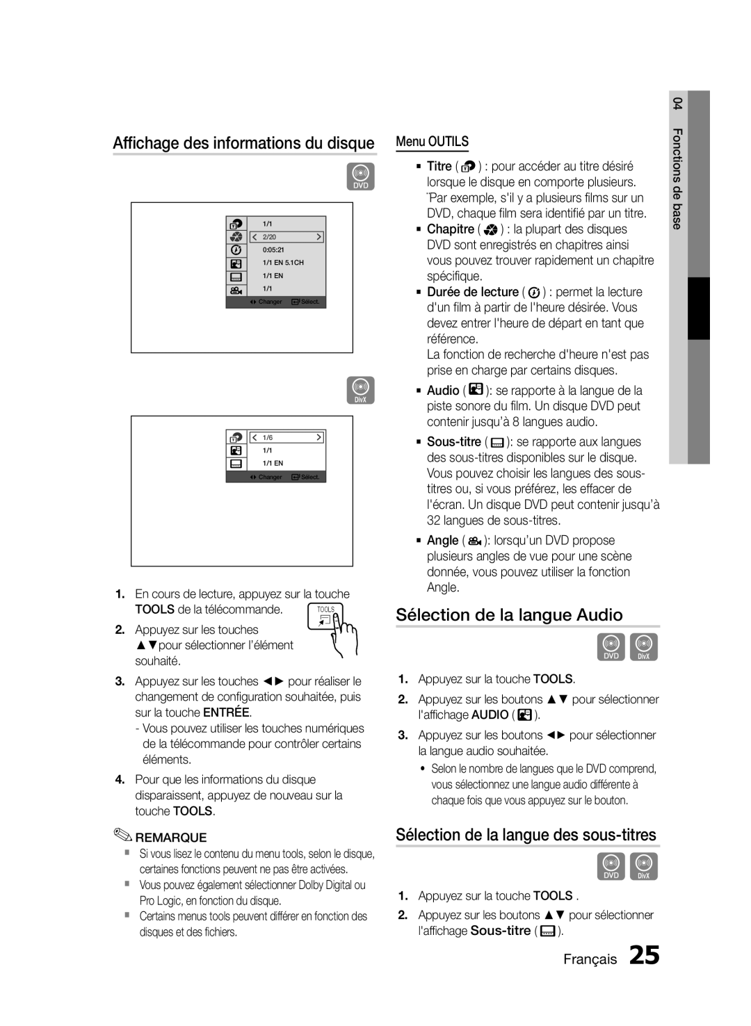 Samsung HT-E330/ZF manual Affichage des informations du disque, Sélection de la langue Audio, Menu Outils 