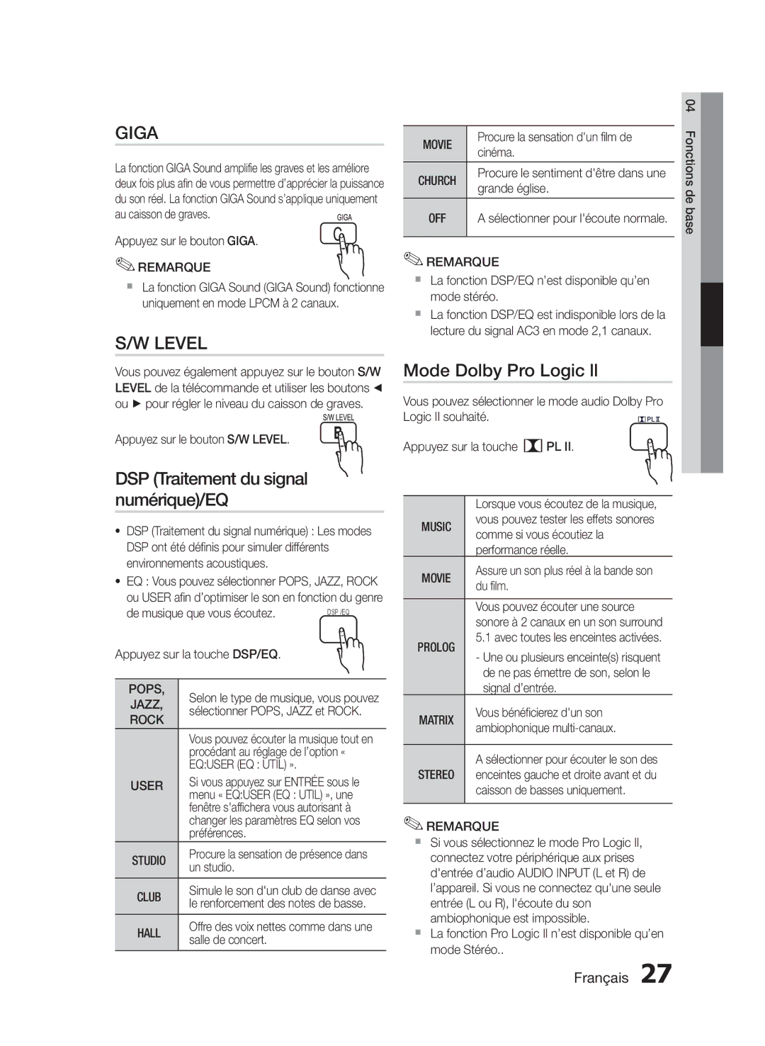 Samsung HT-E330/ZF manual Giga, Level, DSP Traitement du signal numérique/EQ, Mode Dolby Pro Logic ll 