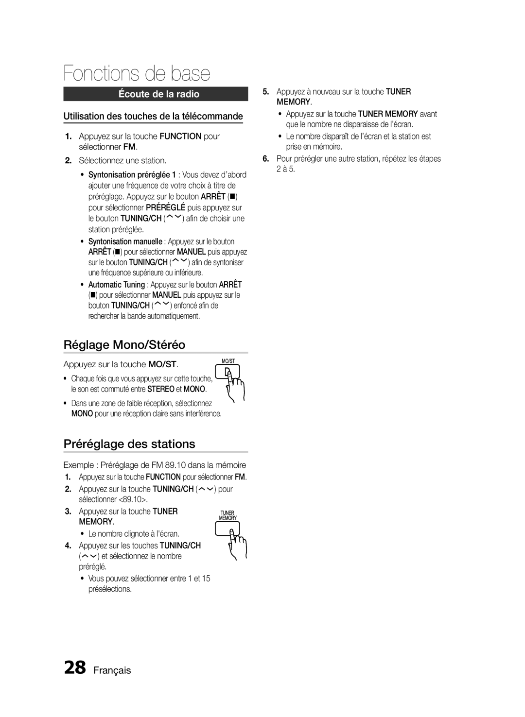 Samsung HT-E330/ZF manual Réglage Mono/Stéréo, Préréglage des stations, Écoute de la radio, Appuyez sur la touche MO/ST 