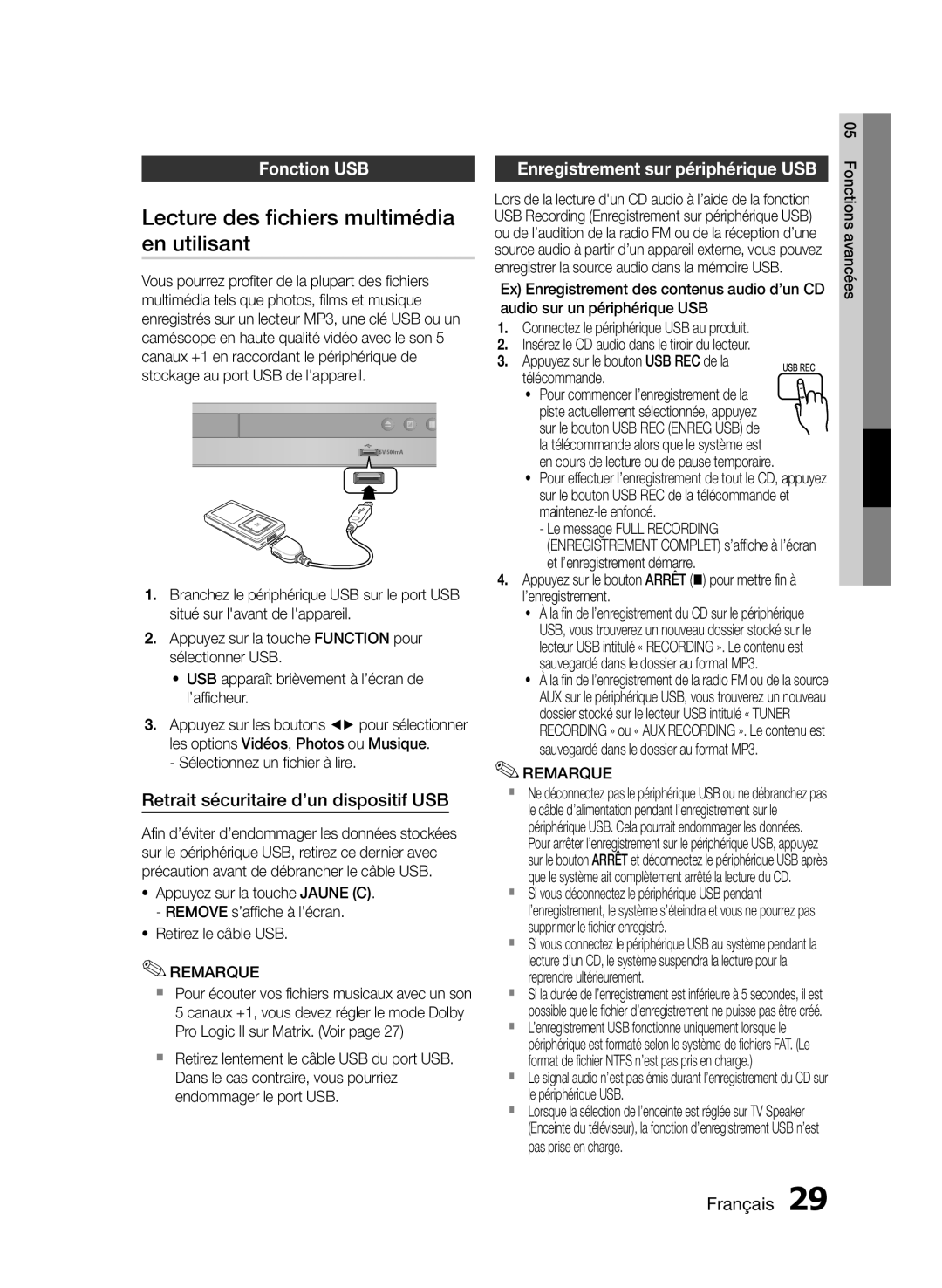 Samsung HT-E330/ZF Lecture des fichiers multimédia, En utilisant, Fonction USB, Retrait sécuritaire d’un dispositif USB 