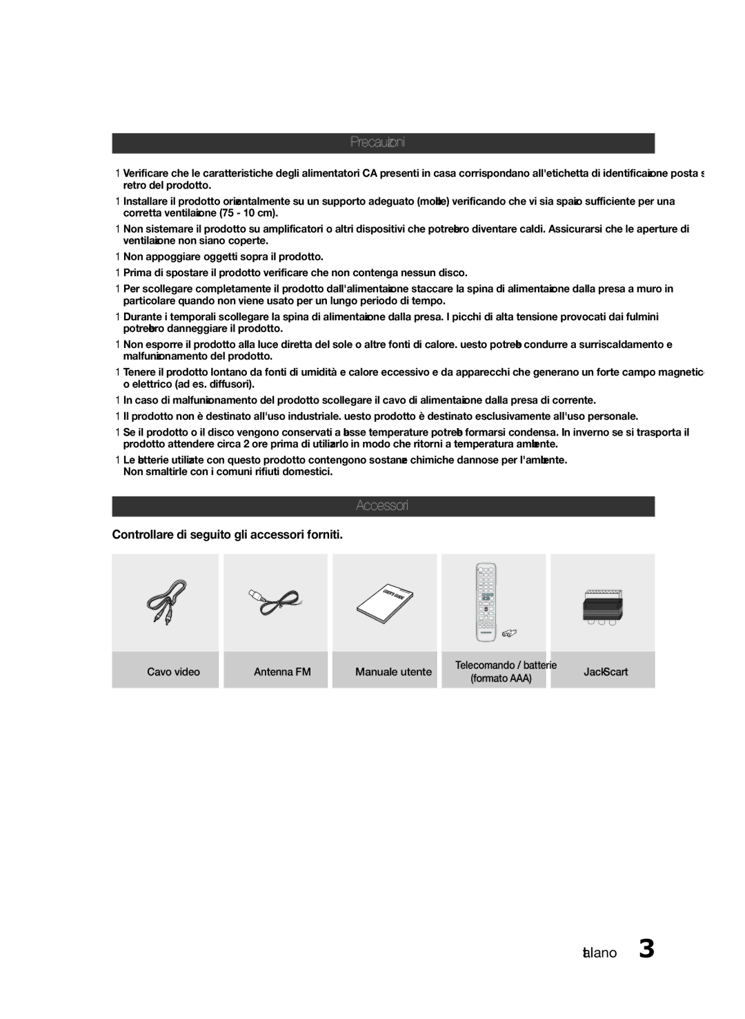 Samsung HT-E330/ZF manual Precauzioni, Accessori, Controllare di seguito gli accessori forniti 