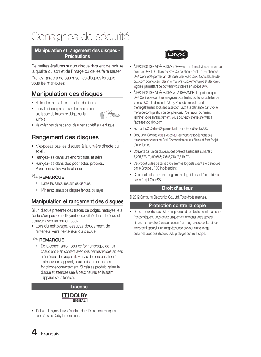 Samsung HT-E330/ZF manual Manipulation des disques, Rangement des disques, Manipulation et rangement des disques 