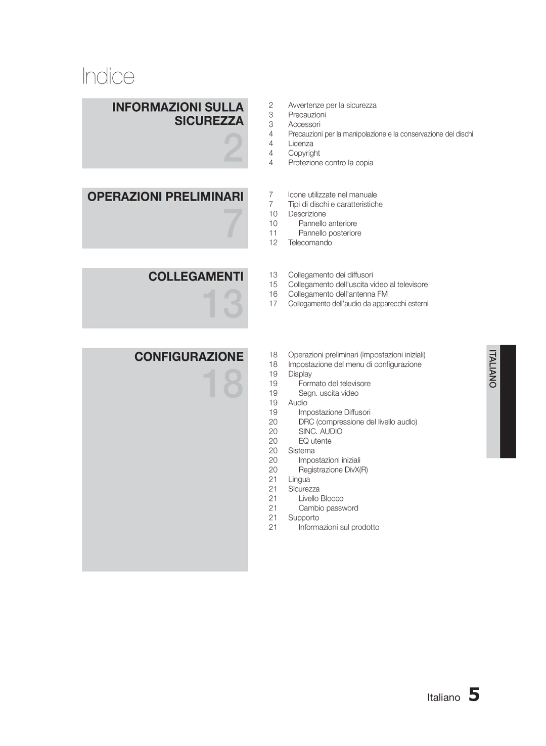 Samsung HT-E330/ZF manual Indice, Avvertenze per la sicurezza Precauzioni Accessori, Licenza, Copyright 