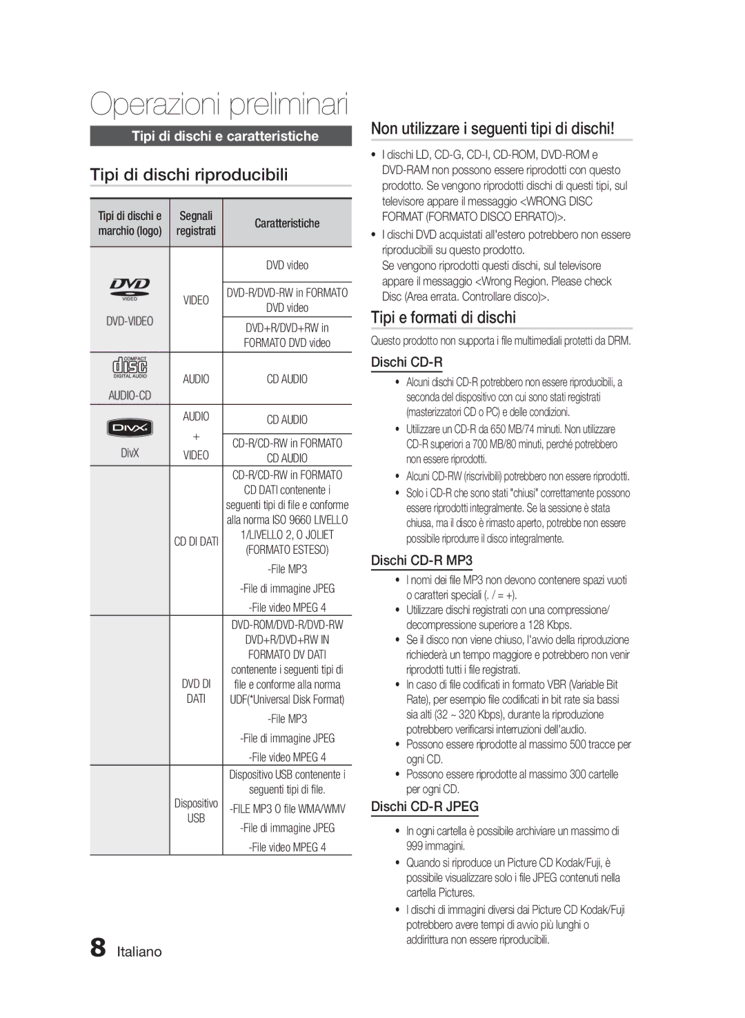 Samsung HT-E330/ZF manual Tipi di dischi riproducibili, Non utilizzare i seguenti tipi di dischi, Tipi e formati di dischi 